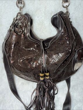Tassel-Accent Dark Brown Snake-Print Shoulder Bag